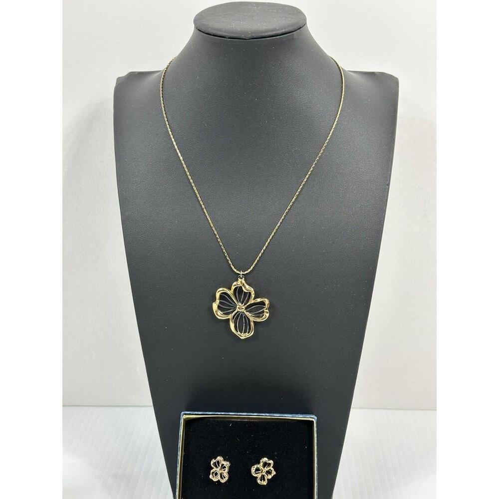 Vintage Avon Plumeria Flower Necklace Matching Earrings Gold Tone Silver Accents